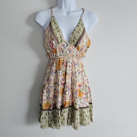 Angie Dress Womens Medium Sundress Floral Boho Mini Ruffle Hem Retro Festival - Picture 1 of 6